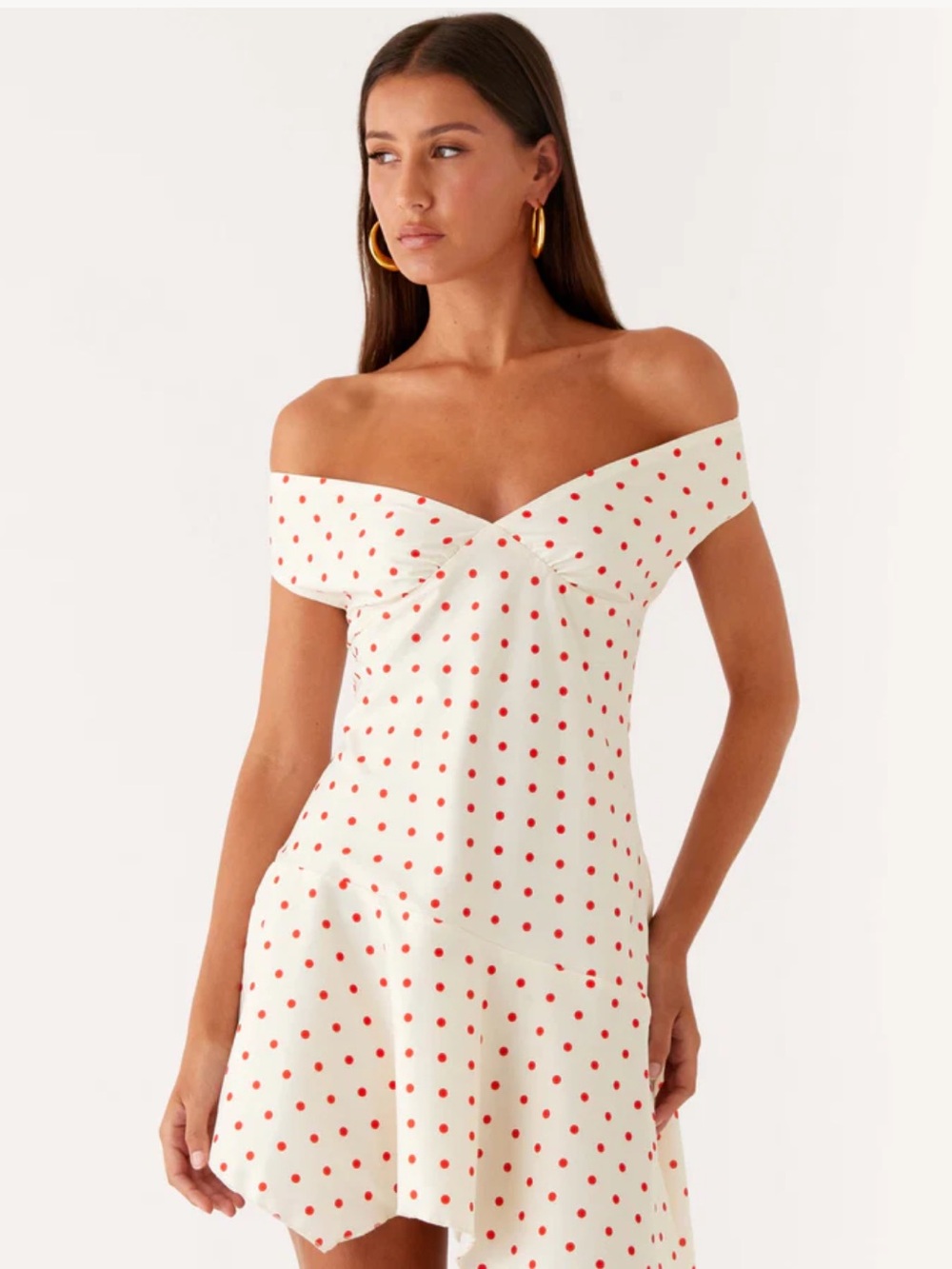 Peppermayo Alma White Off-Shoulder Mini Dress with Red Polka Dots